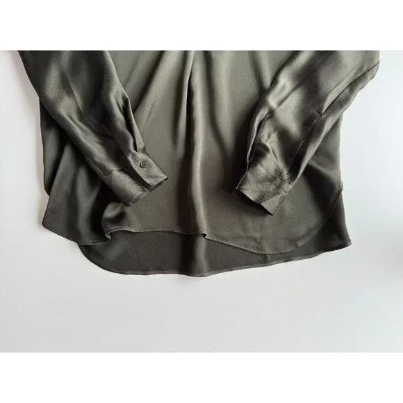 VINCE Olive Green Silk Charmeuse Split Neck Relaxed Tunic Blouse, Size S - Picture 10 of 15